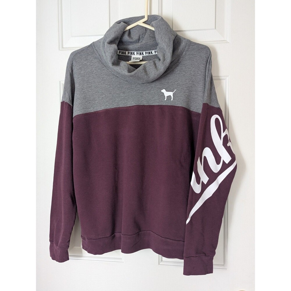 Victorias Secret PINK Cowl Neck Knit Pullover Womens Medium Maroon Gray Logo L/S